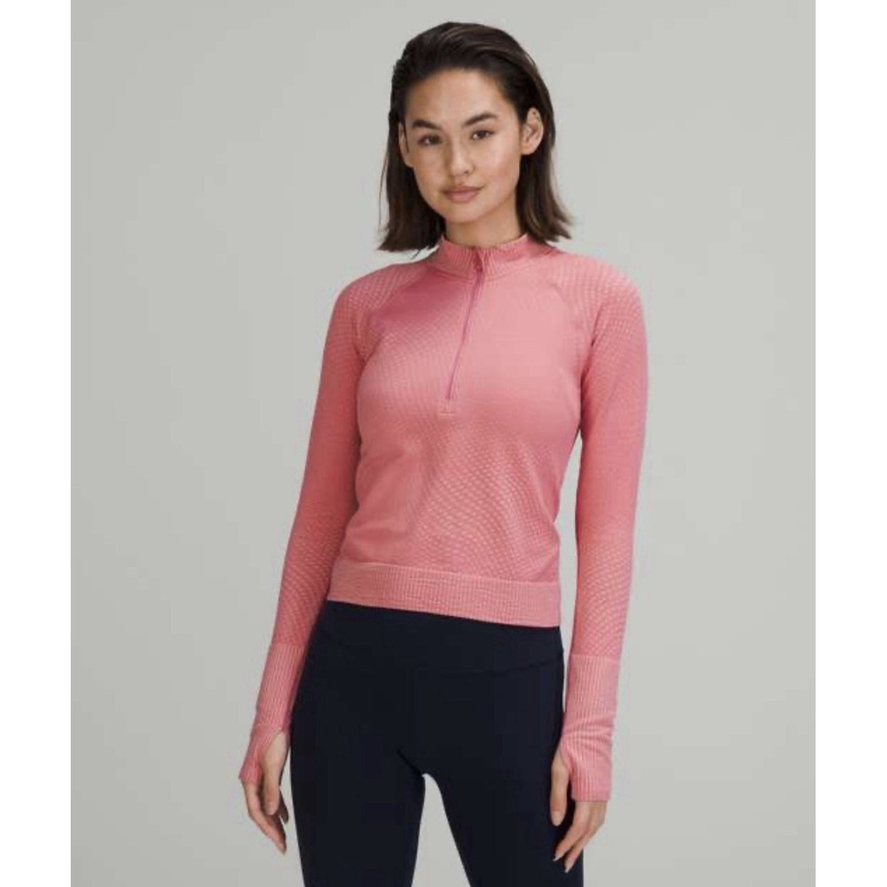 pink lululemon Rest Less Cropped Half-Zip pullover with a herringbone texture 4